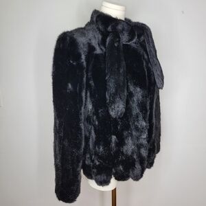 Vintage Retro Postgem 60's Black Faux Fur Jacket With Scarf Neck Tie Size 6